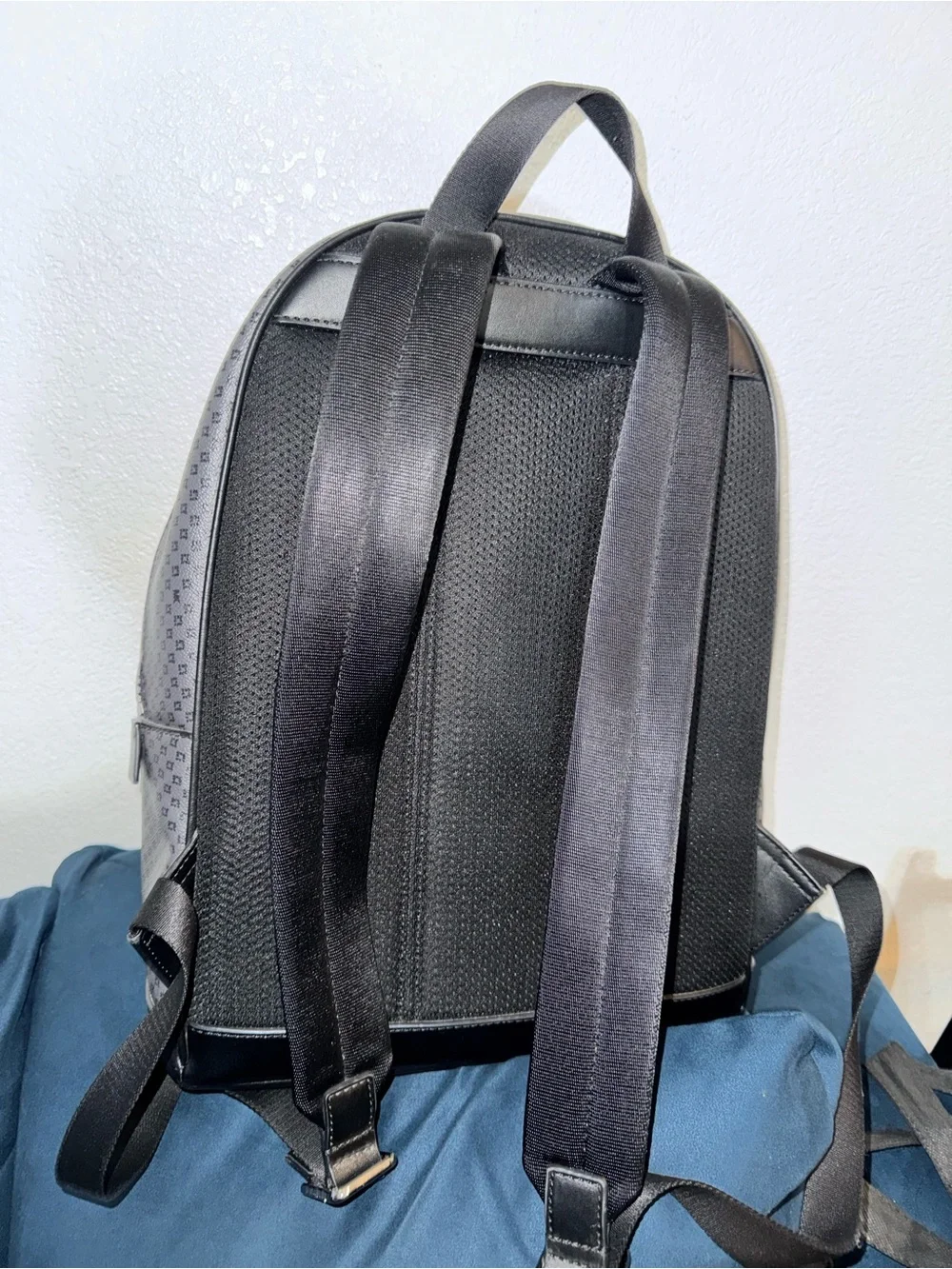 Michael Kors Gray Monogram Backpack with Black Leather Front Pocket